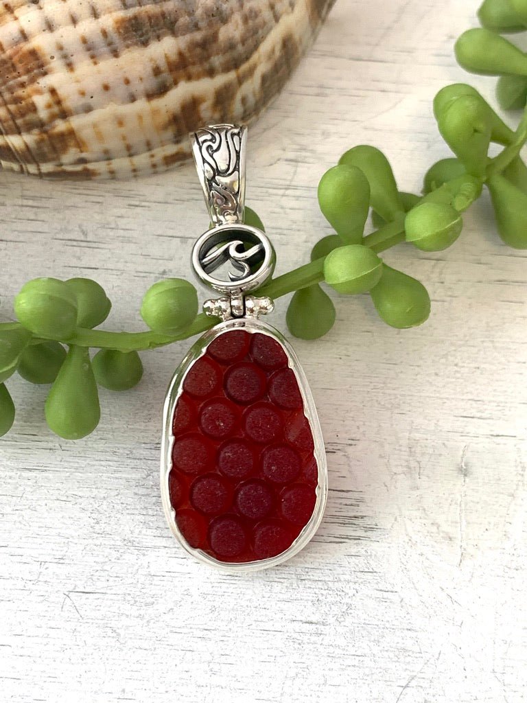 Textured Red Sea Glass Pendant with Hand-carved bail and logo - Ocean Soul