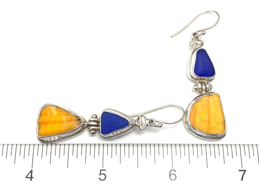 Triangular Cobalt Sea Glass and Lions Paw Double Bezel Earring - Ocean Soul