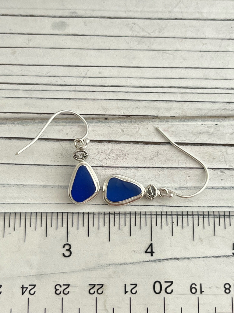 Triangular Cobalt Sea Glass Double Bezel Earring - Ocean Soul