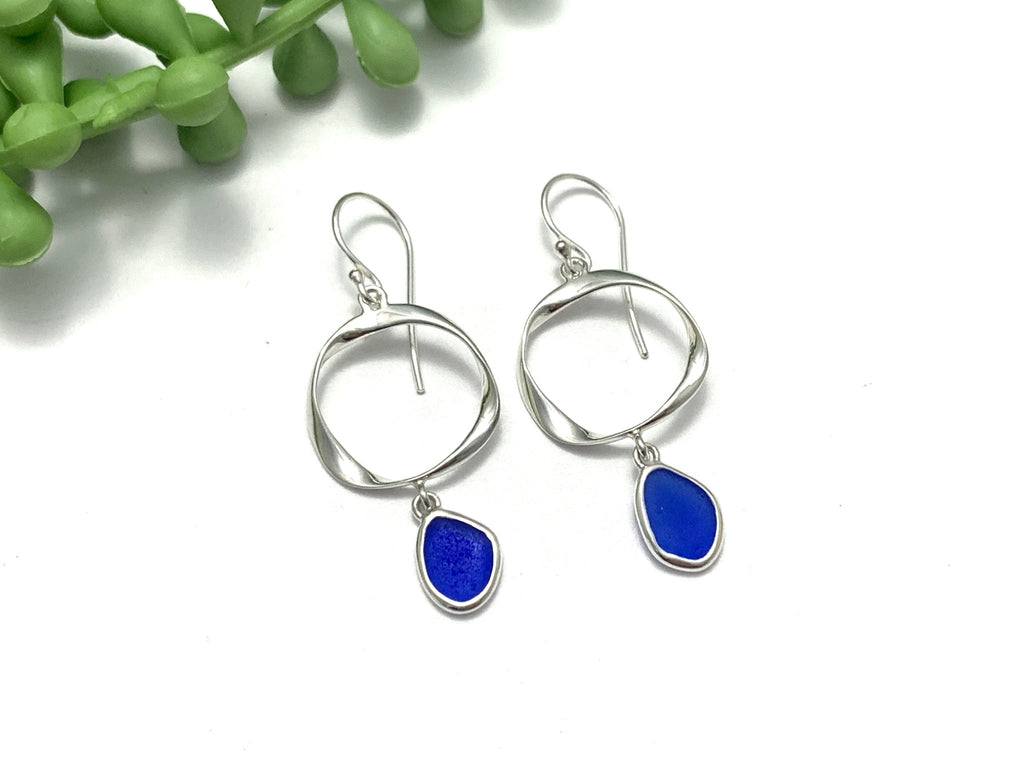 Twisted Ring Cobalt Sea Glass Earrings - Ocean Soul