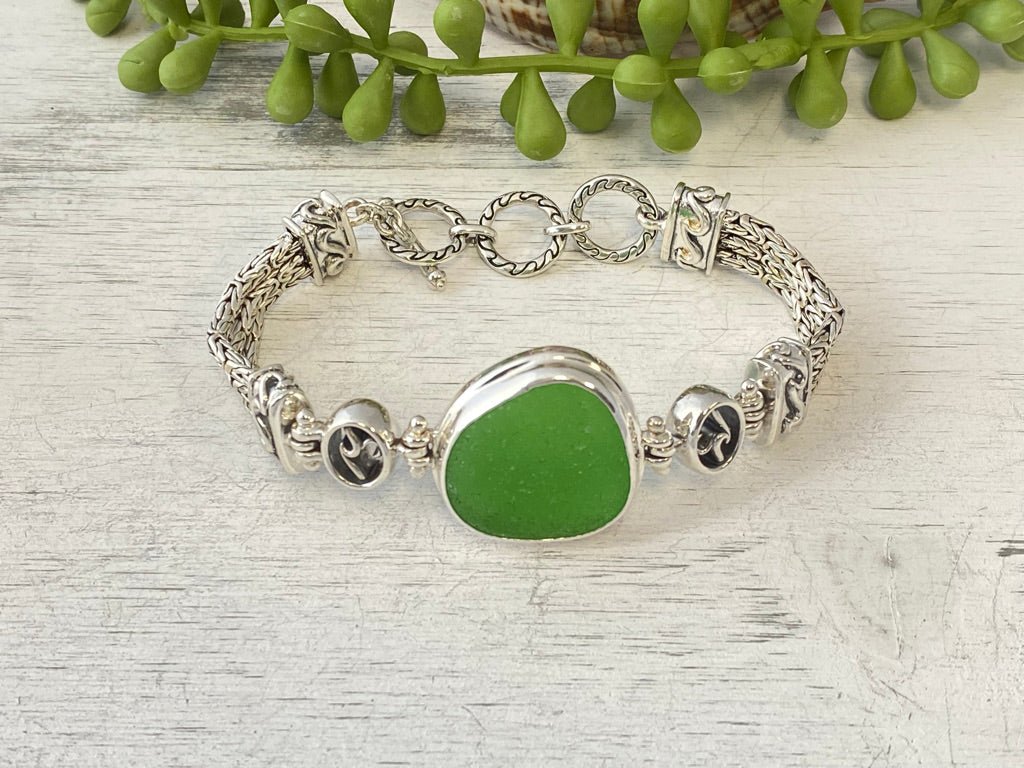 Unique Green Sea Glass on the Adjustable Triple Tigertail Bracelet - Ocean Soul