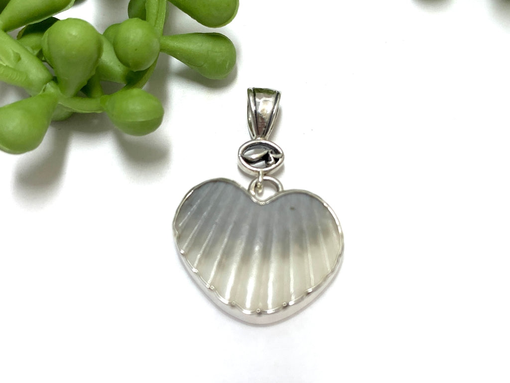 White and Gray Scallop Heart Pendant with Logo and Hammered Bail - Ocean Soul